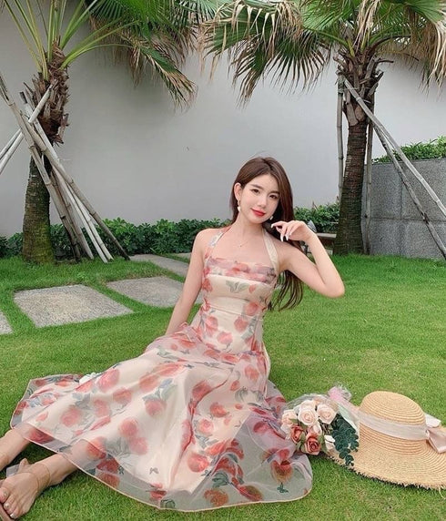 High Quality Fairy Floral Seaside Vacation Halter Neck Dresses